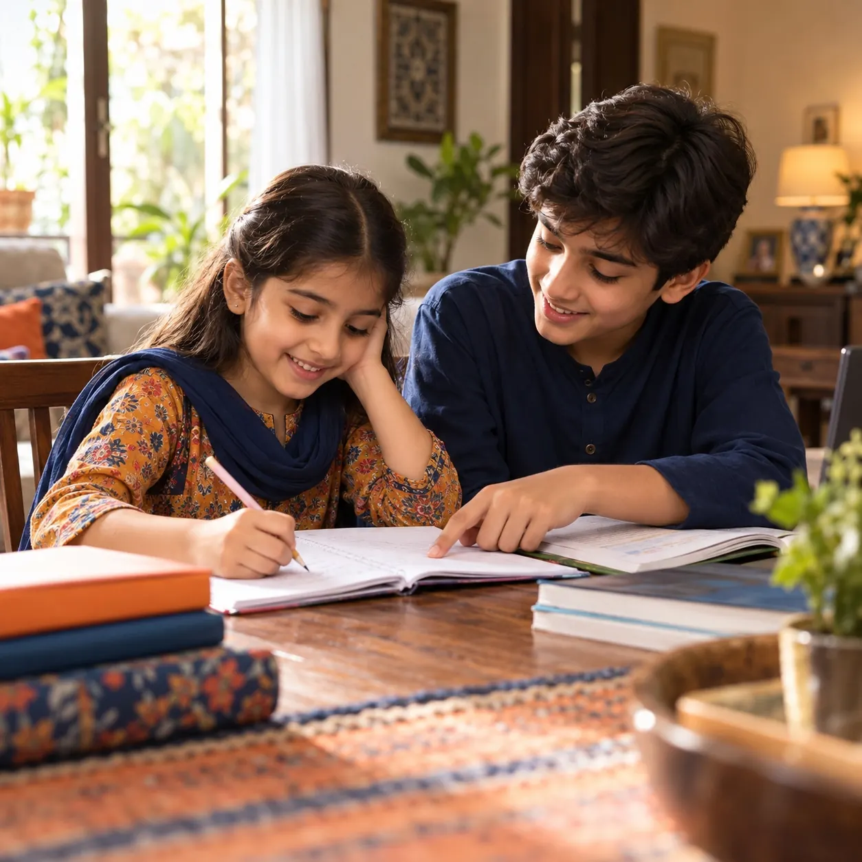 Siblings doing homework together at the dining table