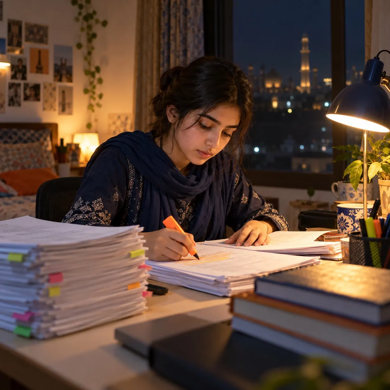 A student revising past papers at night