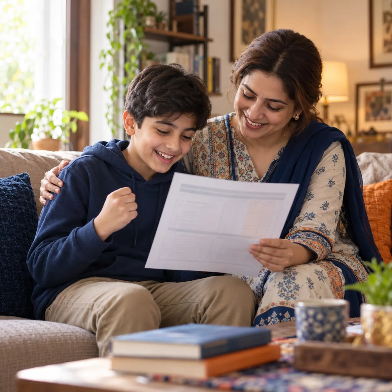 A mother and son looking at a report card together