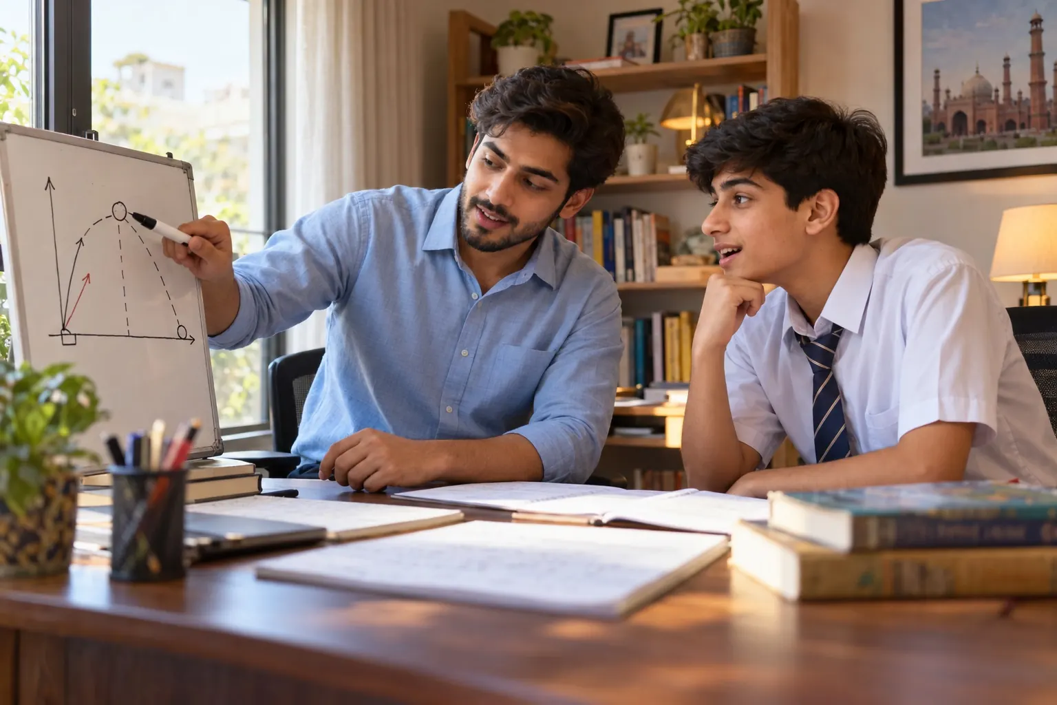 A tutor explaining a physics diagram to a teenager